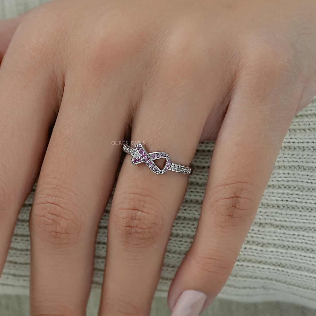 Round Pink Gemstone Cancer Ribbon Accent Ring Ring