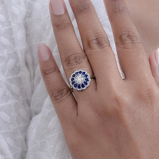 Old European Round Cut Sapphire Halo Engagement Ring Rings