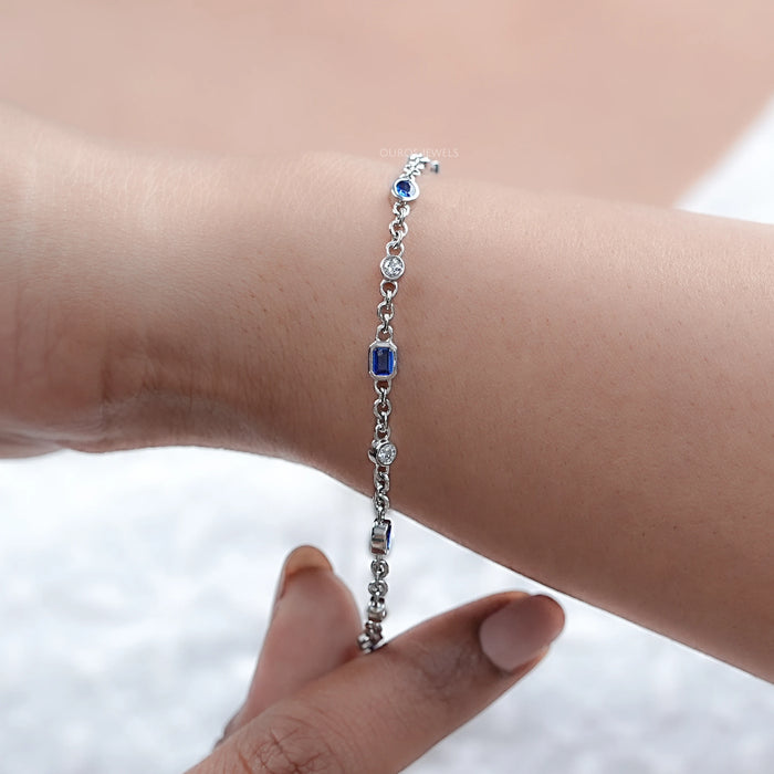 Sapphire Emerald Cut Gemstone Chain Bracelet
