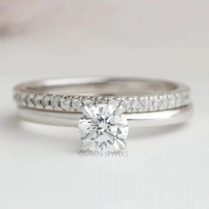 front view of round-cut lab-grown diamond bridal ring set with white gold band