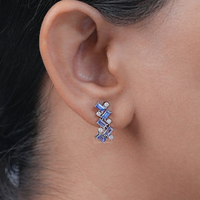 Sapphire Baguette And Round Diamond Drop Earrings