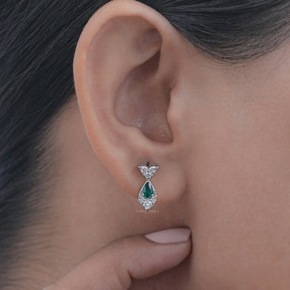 Green Pear And Round Diamond Drop Earrings