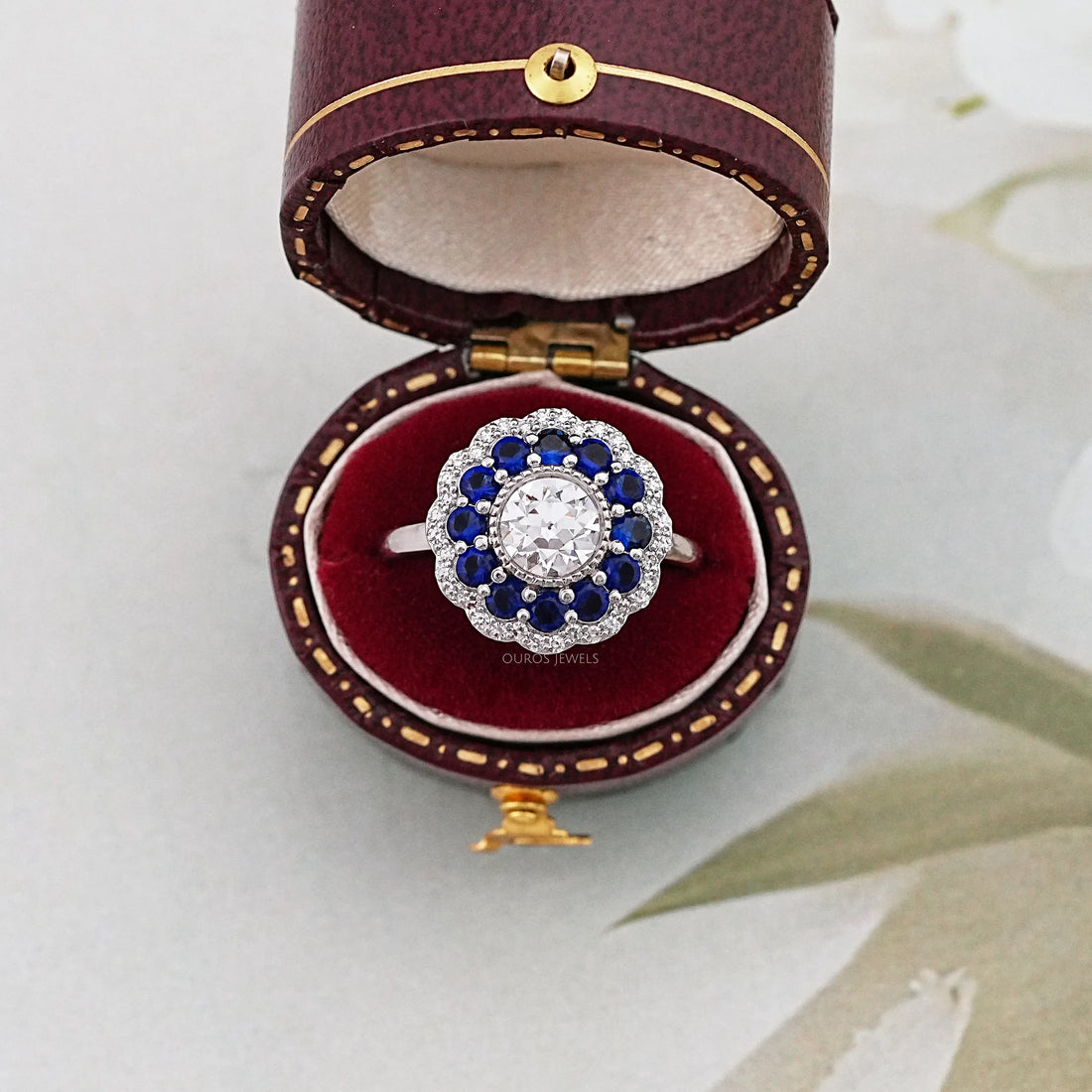 Old European Round Cut Sapphire Halo Engagement Ring Rings