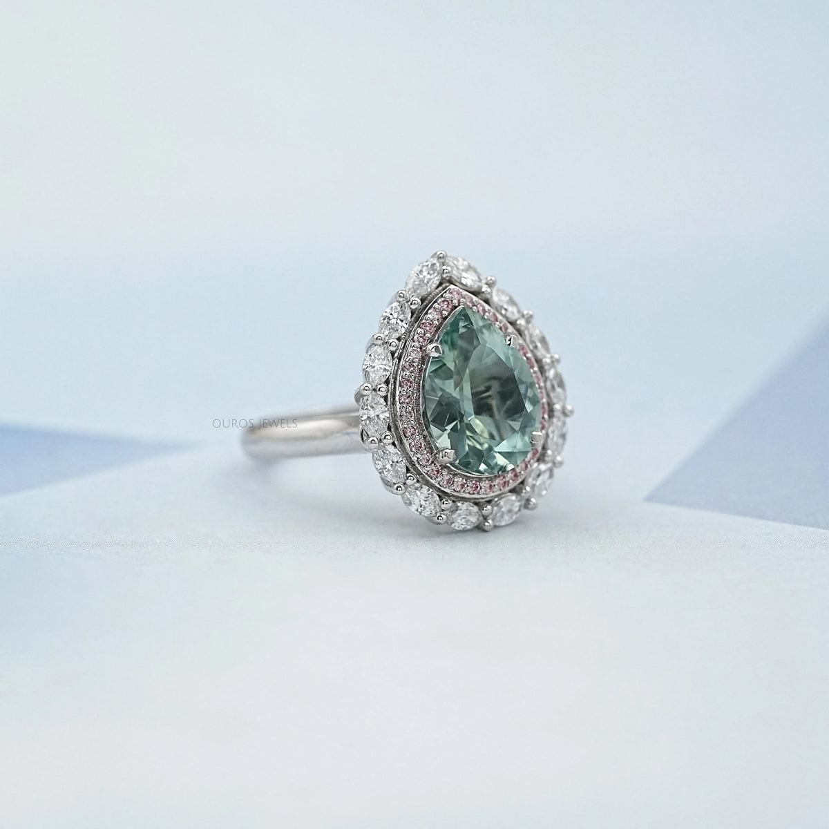 Aquamarine Pear Gemstone Double Halo Engagement Ring