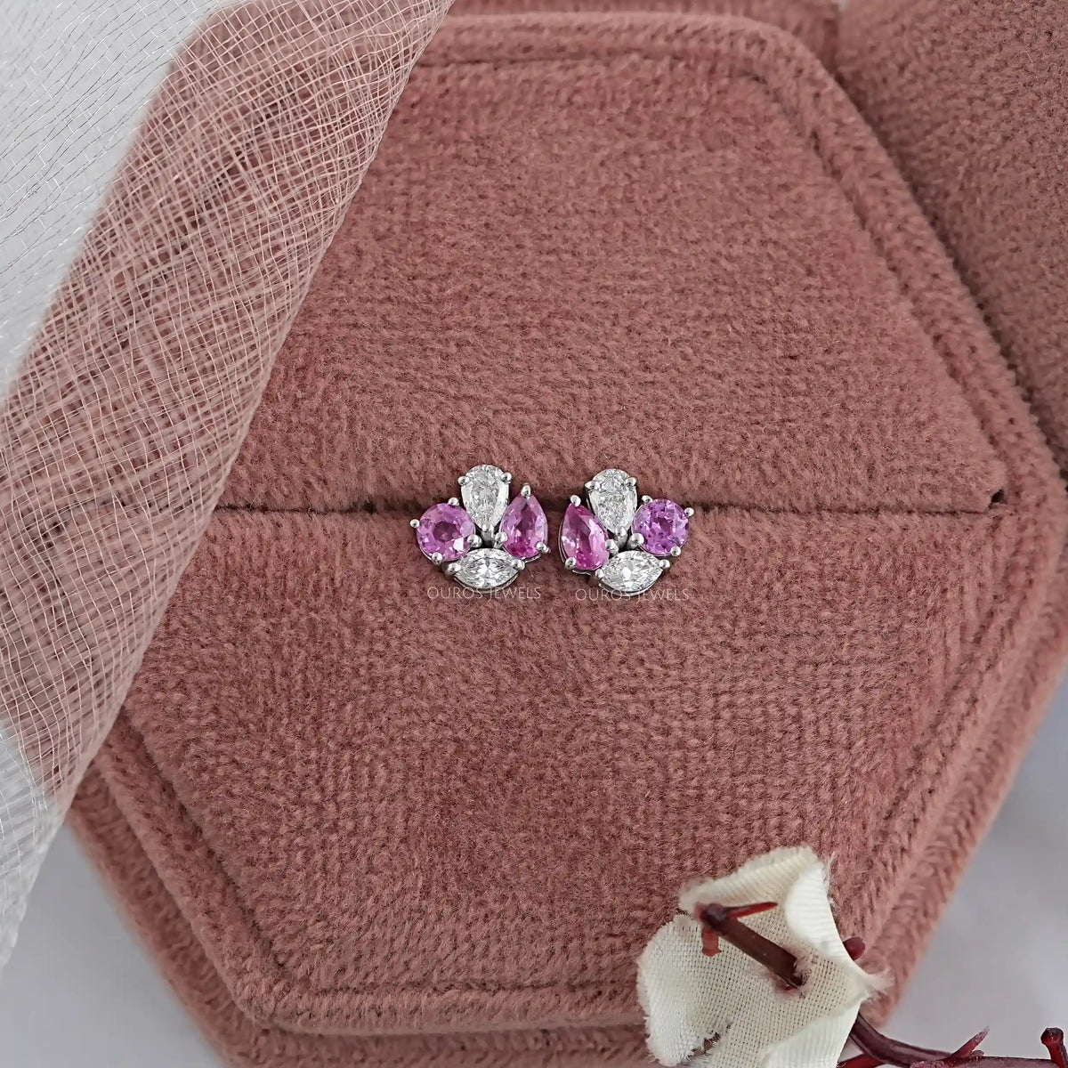 Pink Pear And Round Diamond Cluster Earrings Earrings