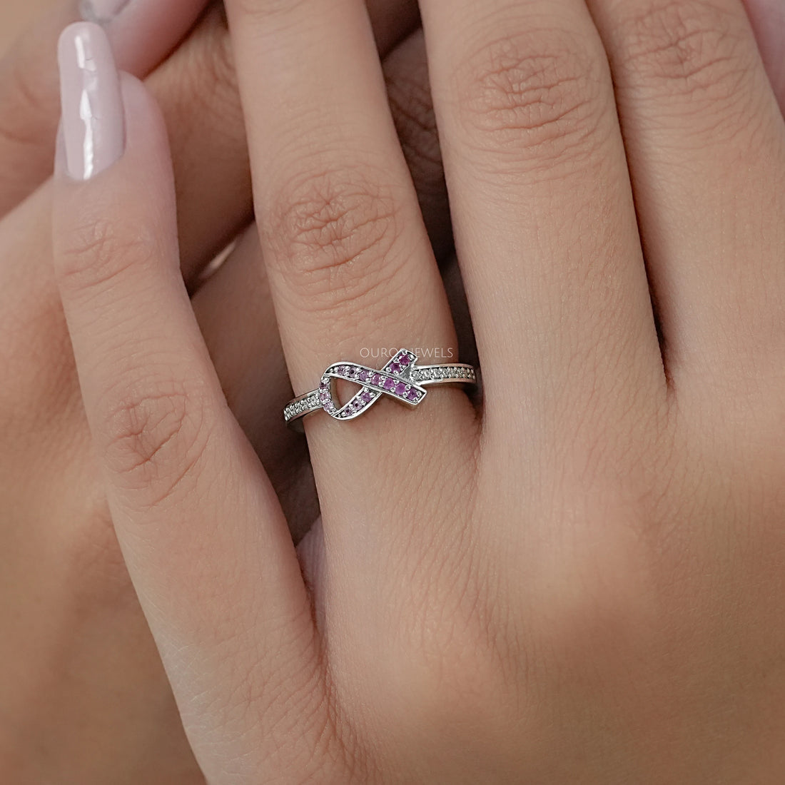 Round Pink Gemstone Cancer Ribbon Accent Ring Ring