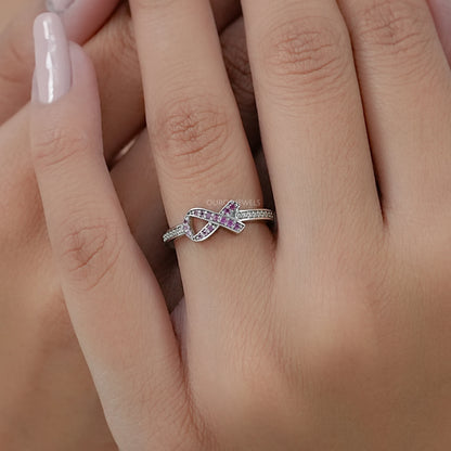 Round Pink Gemstone Cancer Ribbon Accent Ring Ring