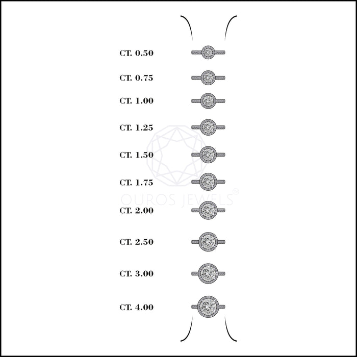 carat's chart of round cut lab diamond halo engagement ring