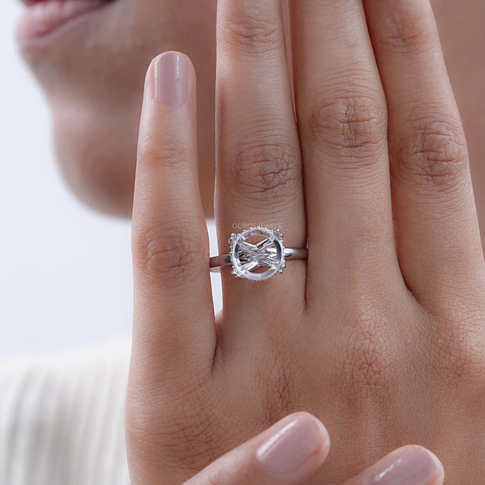 round shape hidden halo semi mount engagement ring on model's finger