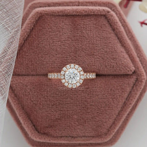 [a Halo diamond engagement ring in a pink box]-[Ouros Jewels]