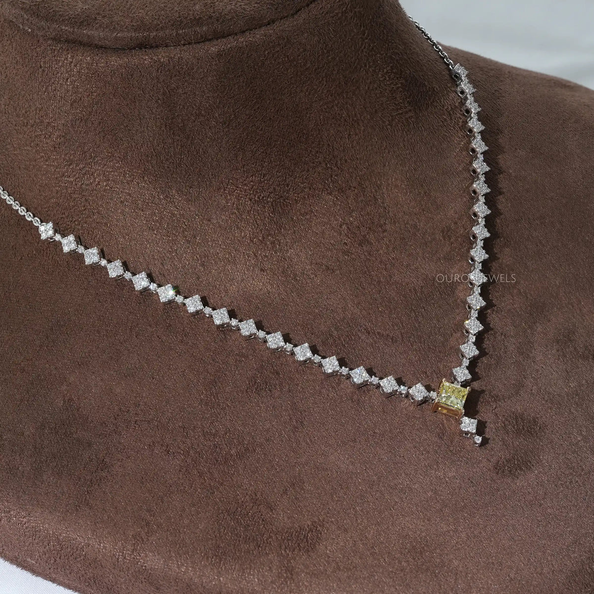 Princess And Round Cut Cluster Diamond Necklace Set Necklaces