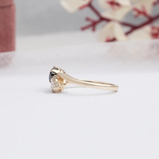 side view of natural black pear-cut lab-grown diamond two-stone colored wedding band