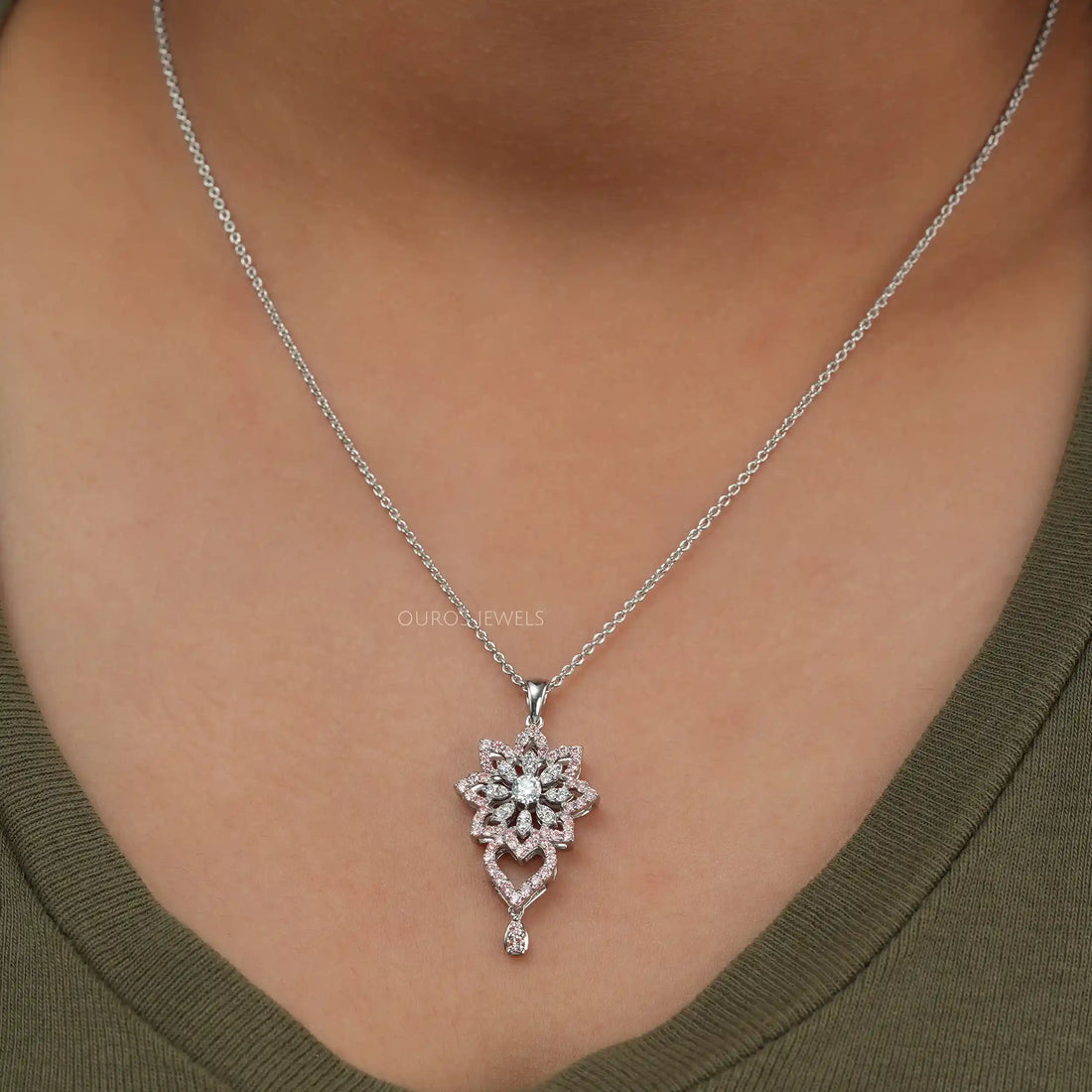 Round Cut Lab Grown Diamond Flower Pendant