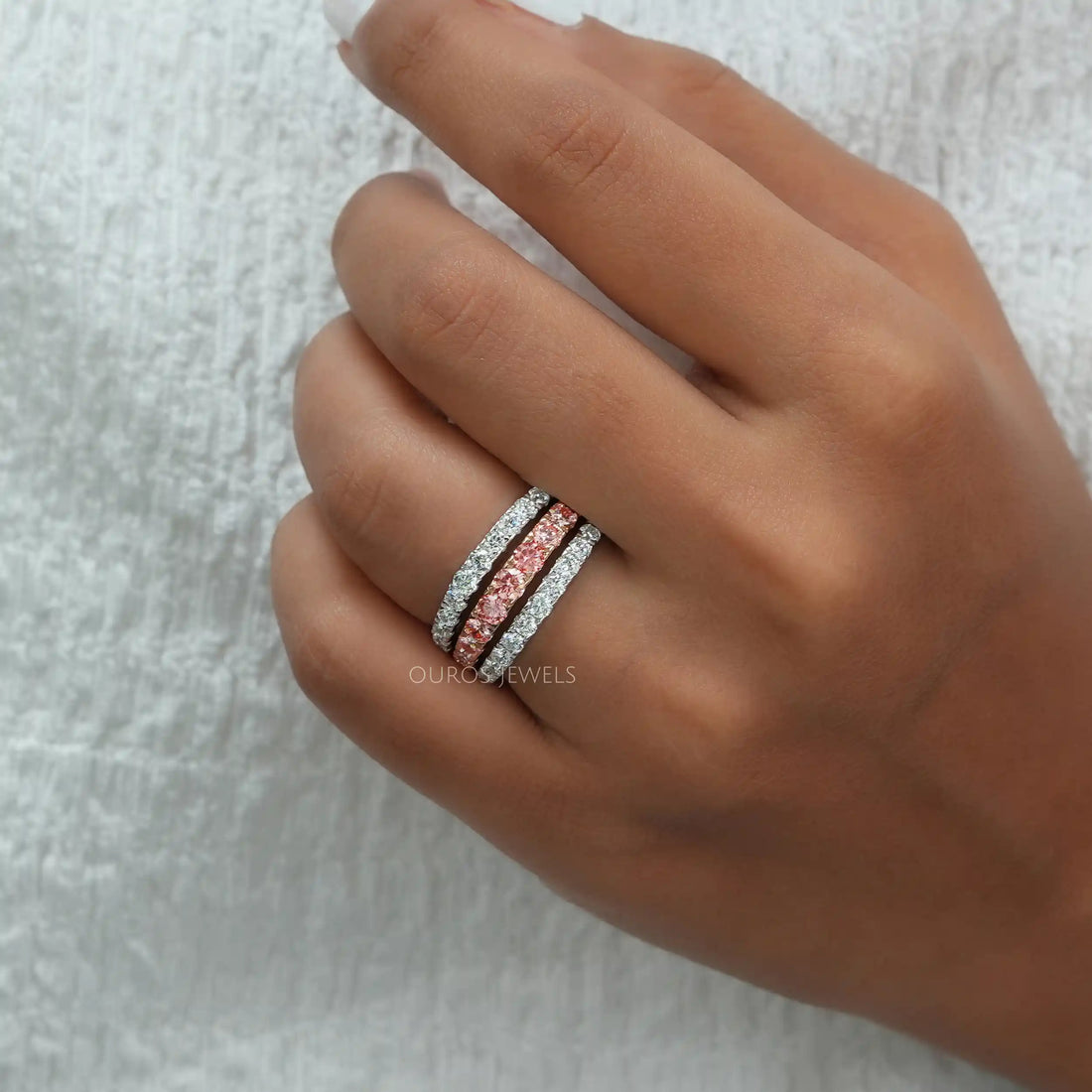 Pink Round Cut Lab Grown Diamond Triple Row Band
