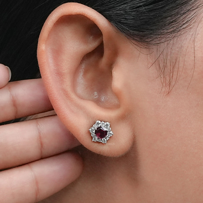 Floral Hexagon Cut Red Ruby Gemstone Cluster Stud Earrings
