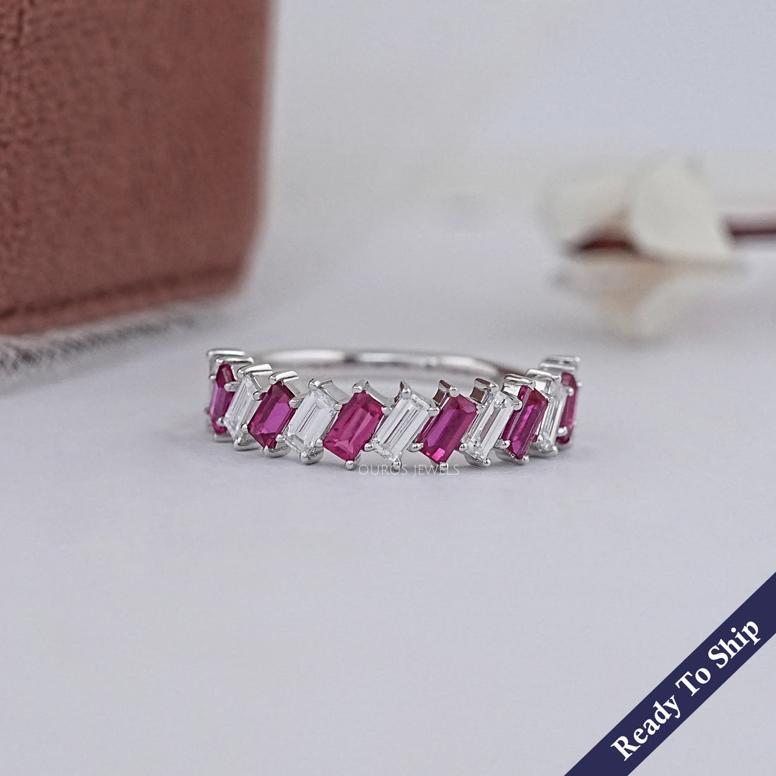 Ruby Baguette Gemstone Half Eternity Wedding Band Rings