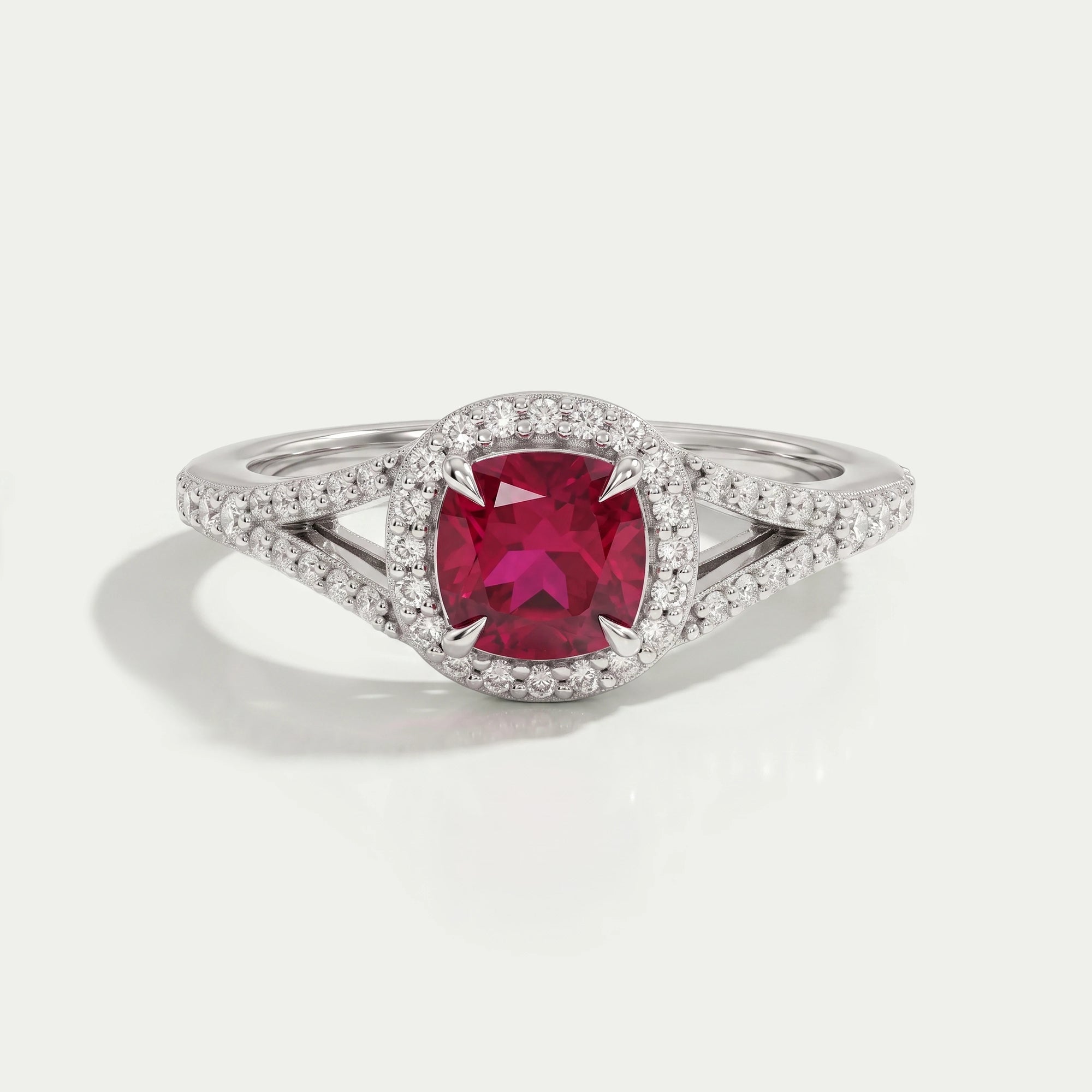 Cushion Cut Red Ruby Split Shank Halo Engagement Ring Ring