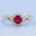 cushion cut red ruby halo split shank engagement ring's front view