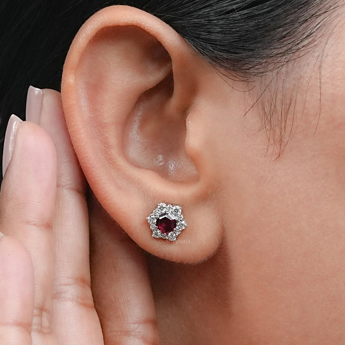 Floral Hexagon Cut Red Ruby Gemstone Cluster Stud Earrings