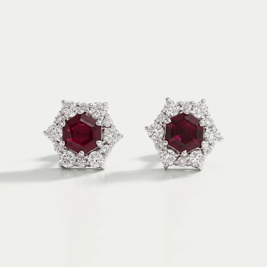 Floral Hexagon Cut Red Ruby Gemstone Cluster Stud Earrings Earring