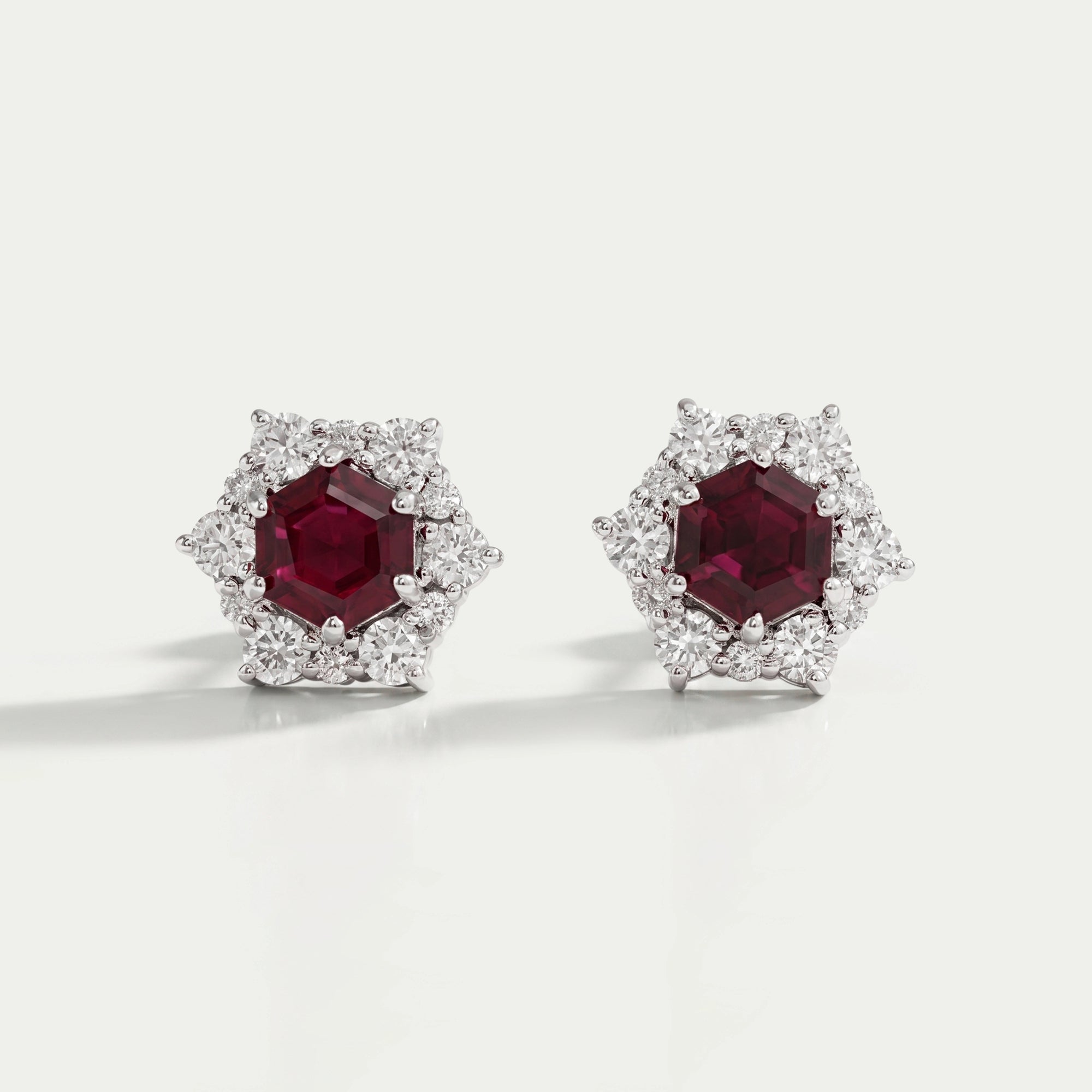 Floral Hexagon Cut Red Ruby Gemstone Cluster Stud Earrings Earring