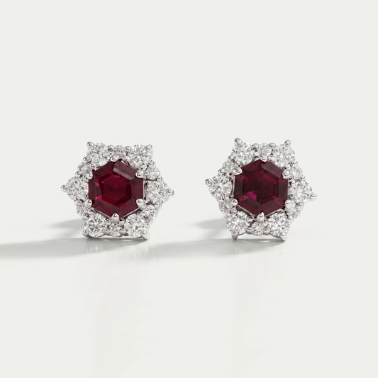 Floral Hexagon Cut Red Ruby Gemstone Cluster Stud Earrings Earring