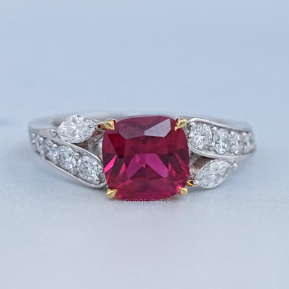 Ruby Cushion Gemstone And Lab Diamond Split Shank Ring Rings