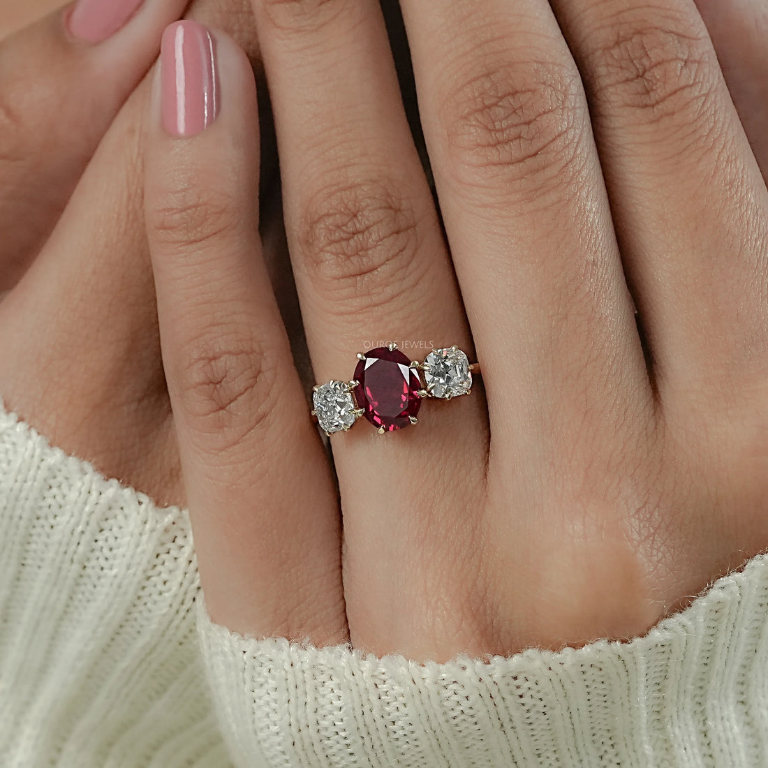Three Stone Ruby Oval Gemstone Engagement Ring Ring