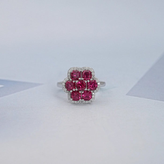 Red Ruby Cushion Shape Floral Halo Engagement Ring