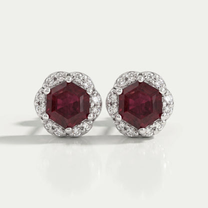 Hexagon Cut Red Ruby Gemstone Halo Stud Earrings Earring