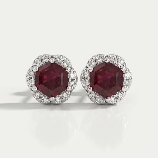 Hexagon Cut Red Ruby Gemstone Halo Stud Earrings Earring
