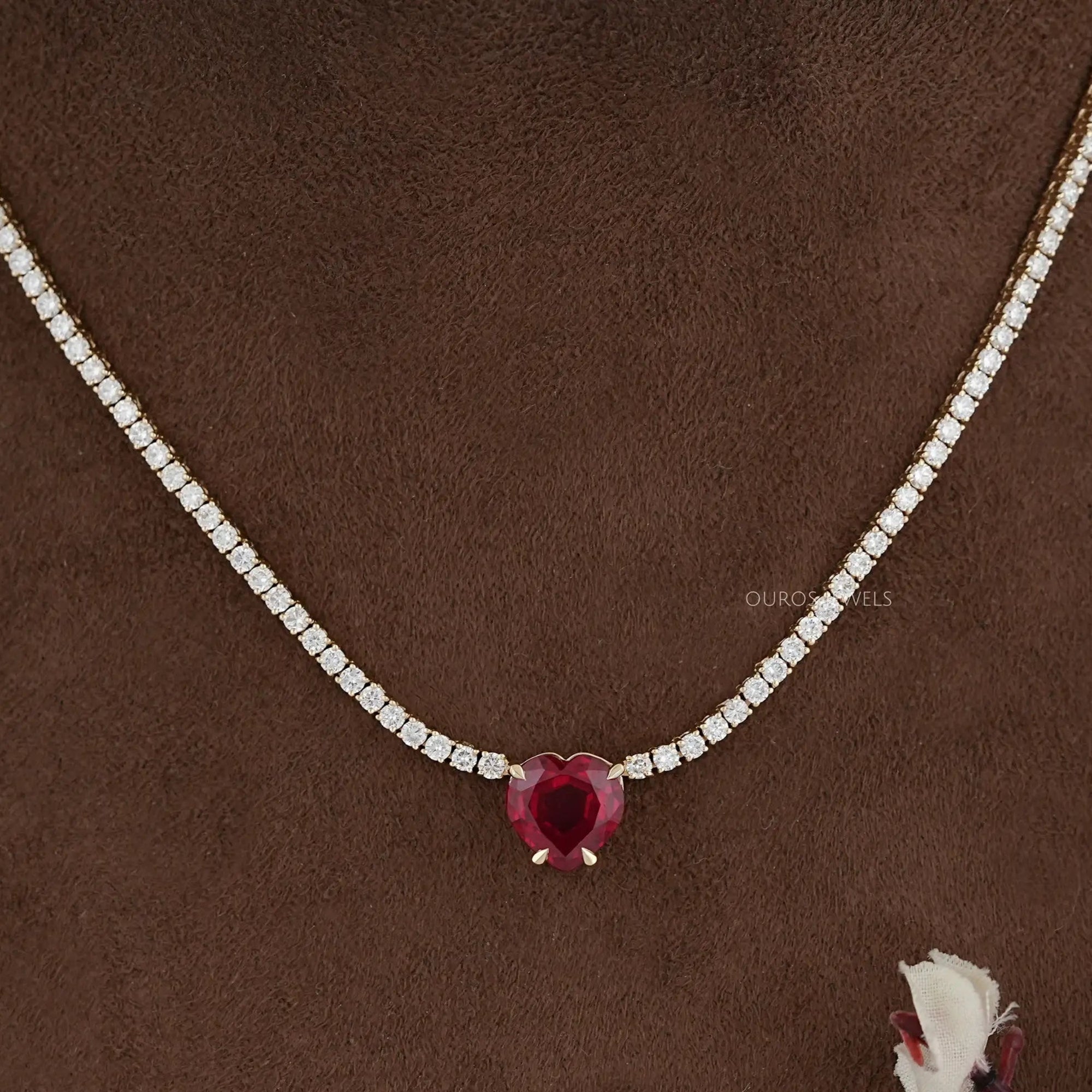 Ruby Heart And Round Diamond Tennis Necklace Necklaces