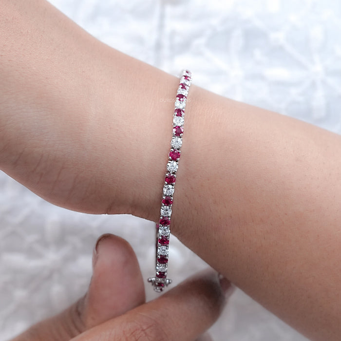 Ruby Round Gemstone And Lab Diamond Tennis Bracelet