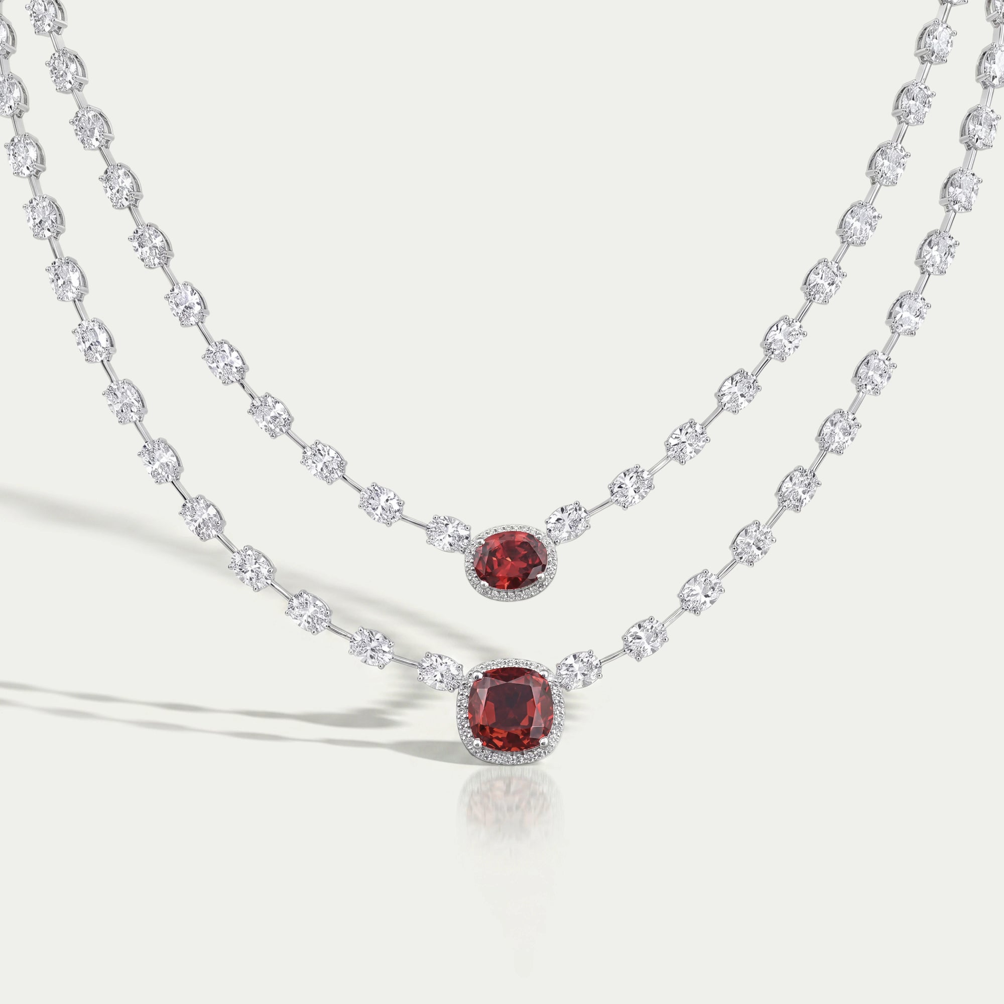Double Layer Ruby Cushion And Oval Halo Tennis Necklace Necklaces