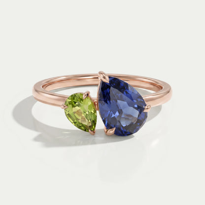 Sapphire And Green Pear Gemstone Toi Et Moi Ring