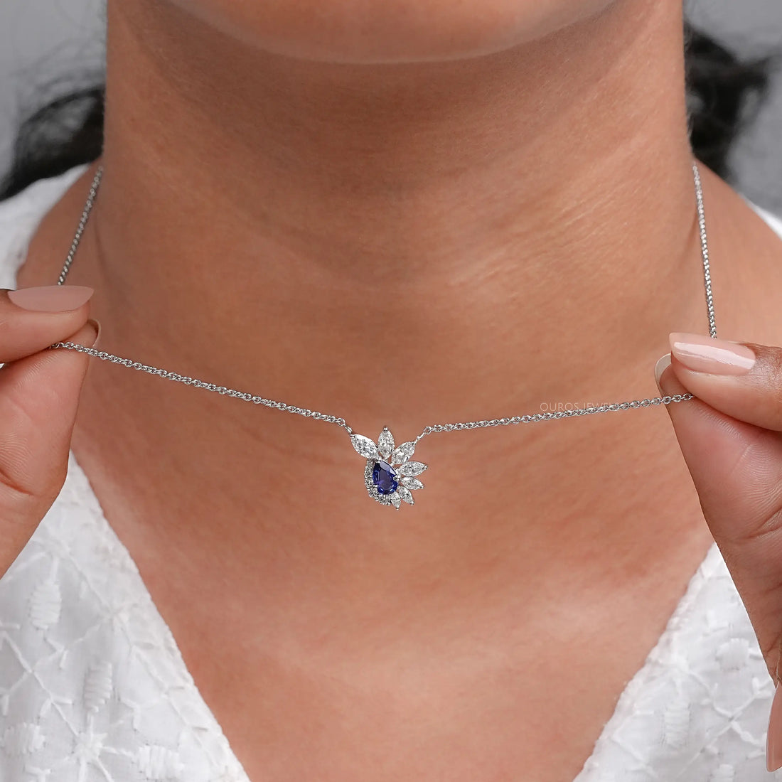 Sapphire Pear And Marquise Floral Cluster Pendant