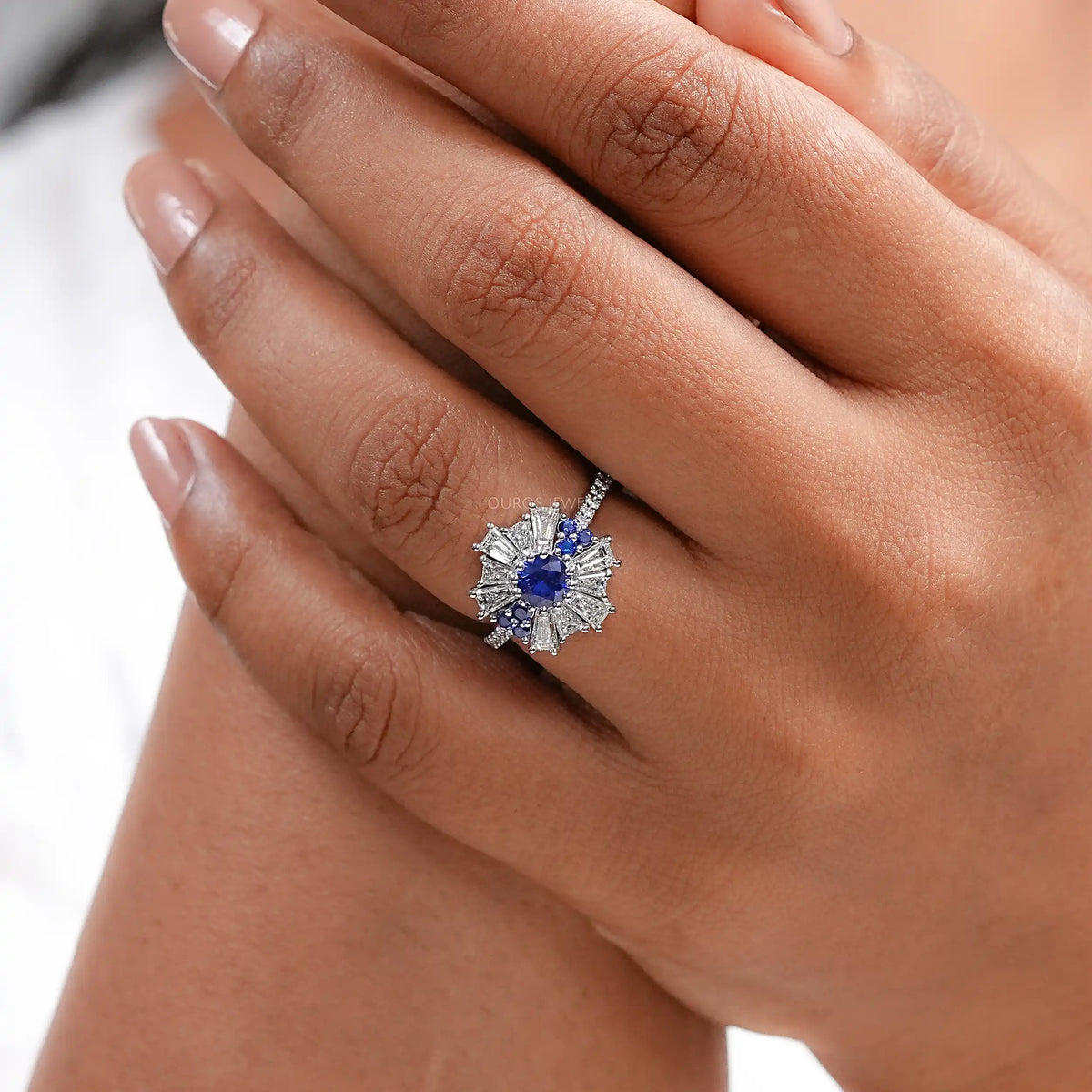 Sapphire Round And Tapered Baguette Diamond Cluster Ring