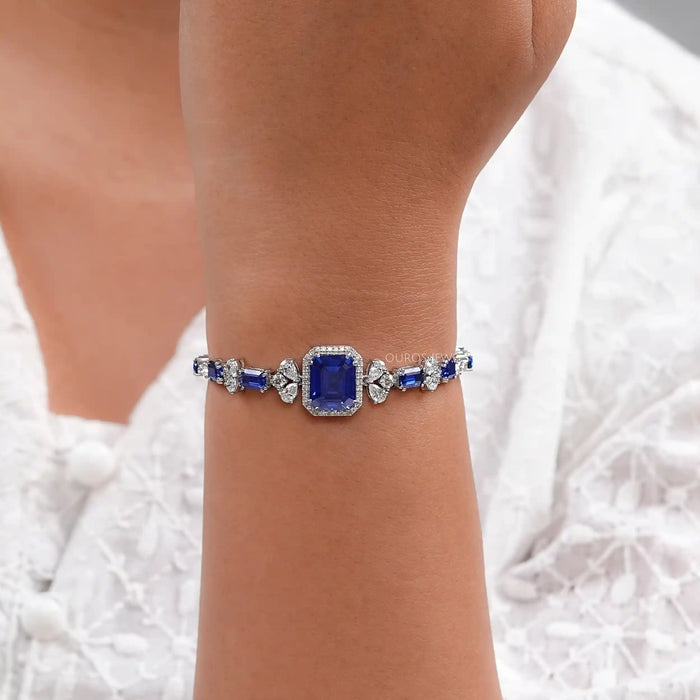 Sapphire Emerald Gemstone And Lab Diamond Halo Bracelet