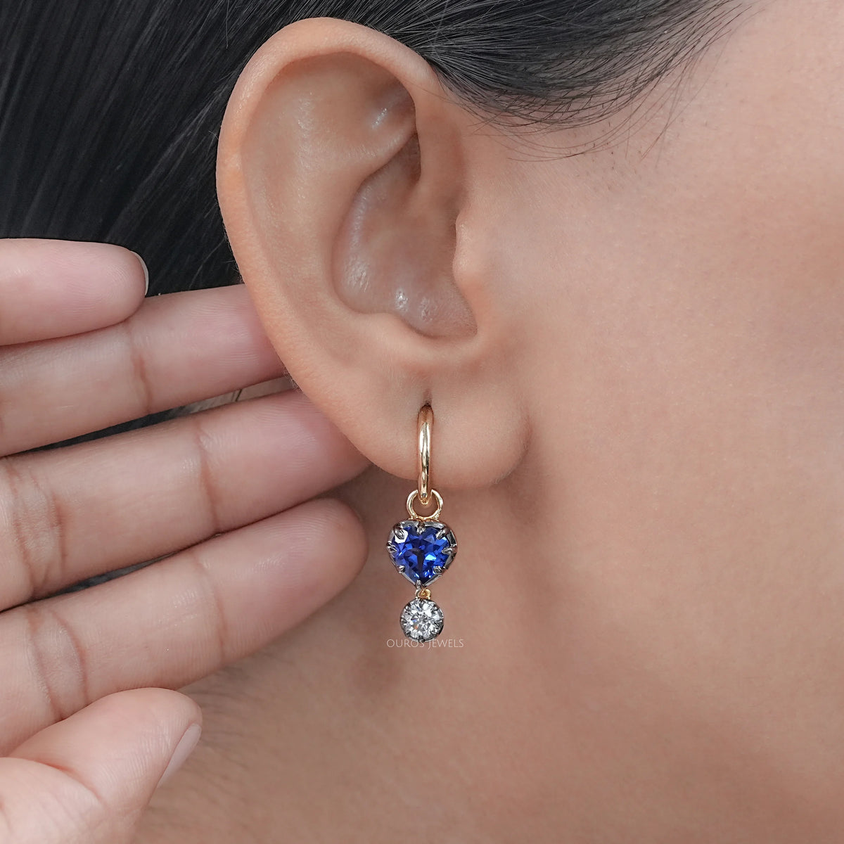 Sapphire Heart And Round Cut Black Coating Huggie Drop Earrings