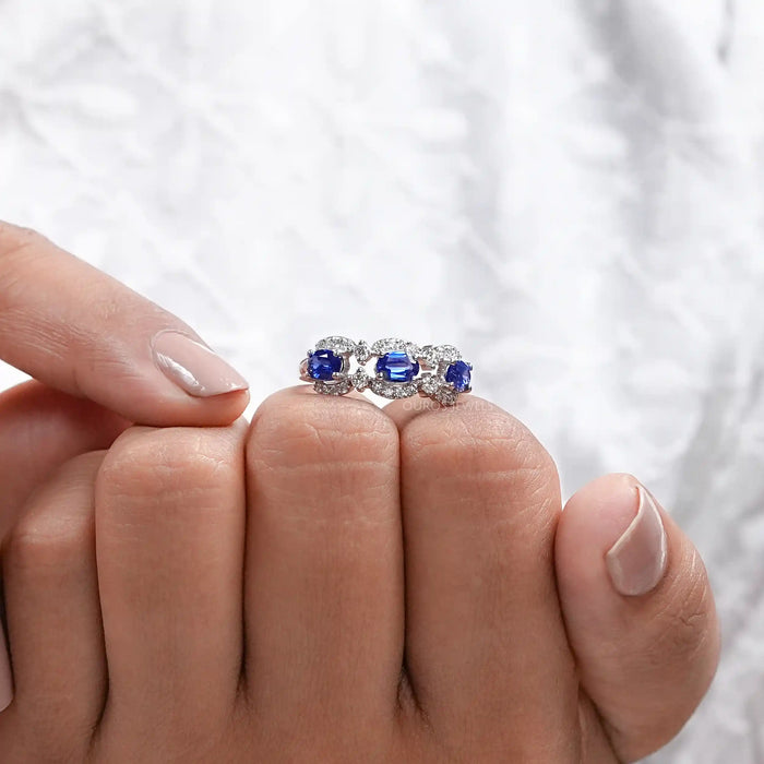 Three Stone Sapphire Oval Gemstone Halo Ring