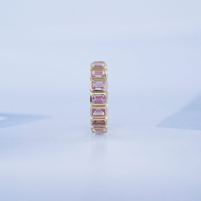 Sapphire Pink Emerald Cut Bezel Set Eternity Wedding Band