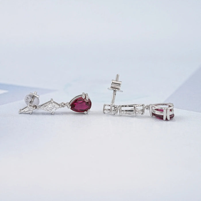 Dangling Kite Cut And Pear Shape Ruby Drop Earrings