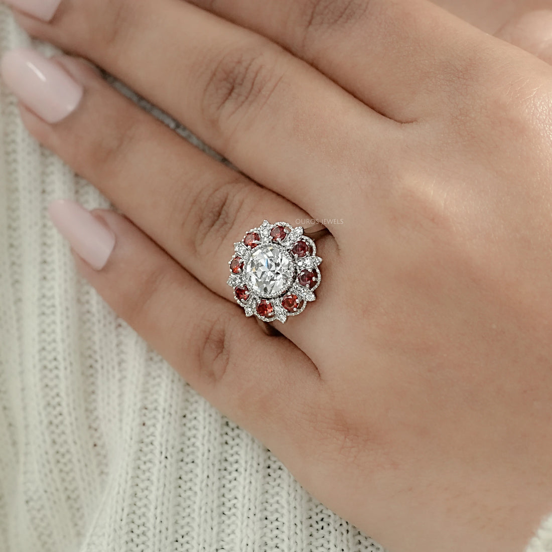 OEC Round Lab Diamond And Ruby Gemstone Halo Ring Rings