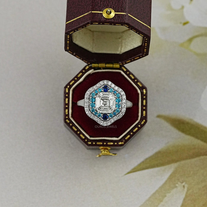 Old Mine Asscher Diamond And Gemstone Double Halo Ring