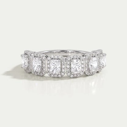 Radiant Cut Halo Half Eternity Wedding Band Rings