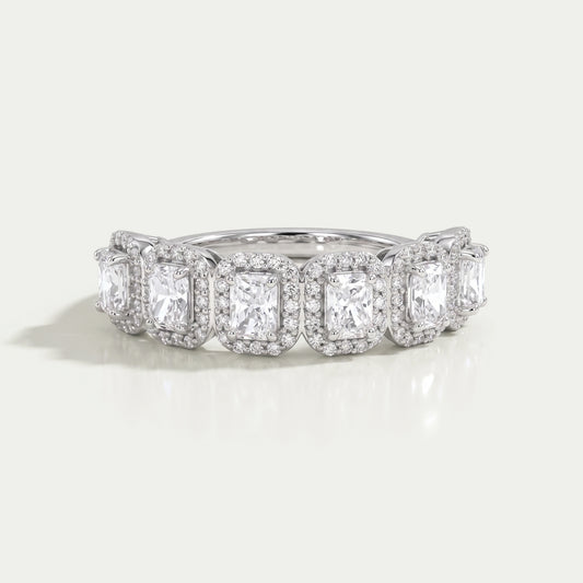 Radiant Cut Halo Half Eternity Wedding Band Rings