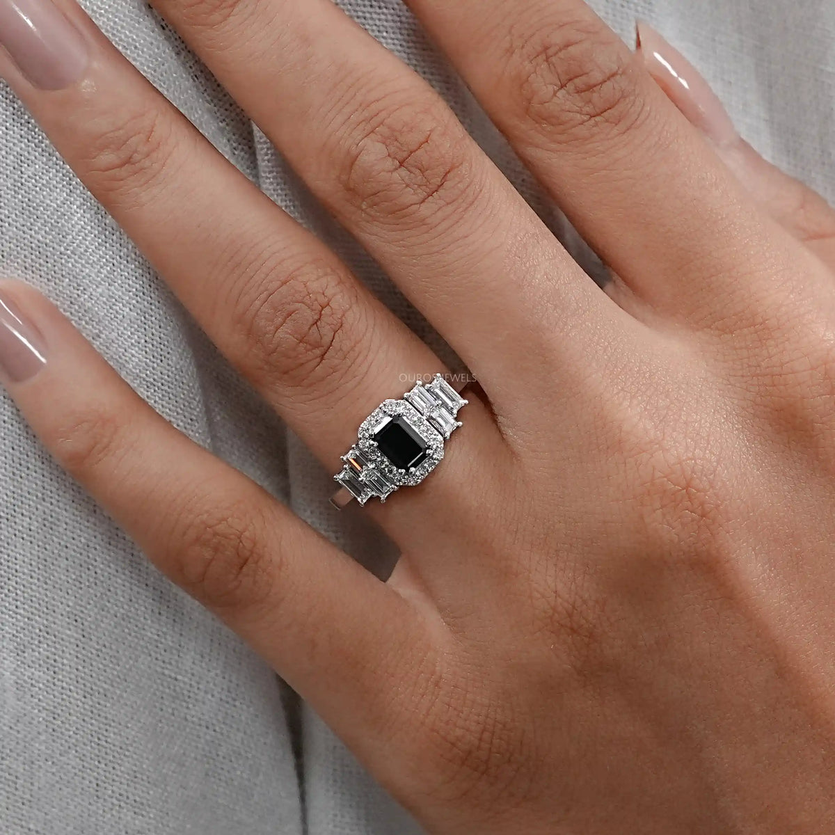 Black Emerald Cut Accent Diamond Engagement Ring Rings