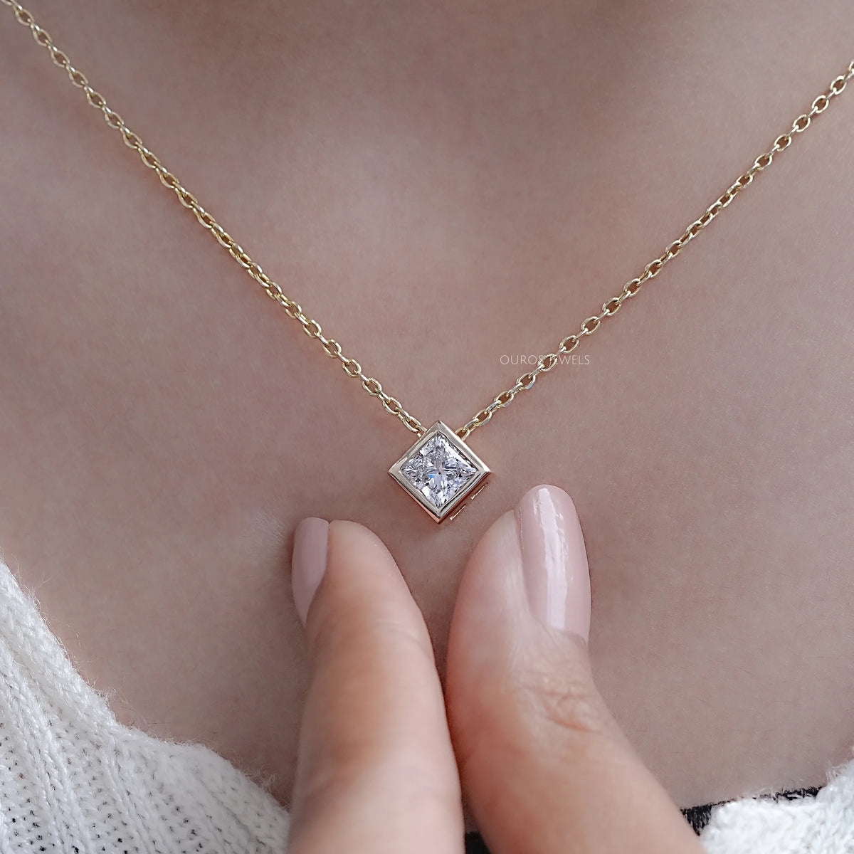 Princess Diamond Bezel Set Solitaire Pendant Necklaces