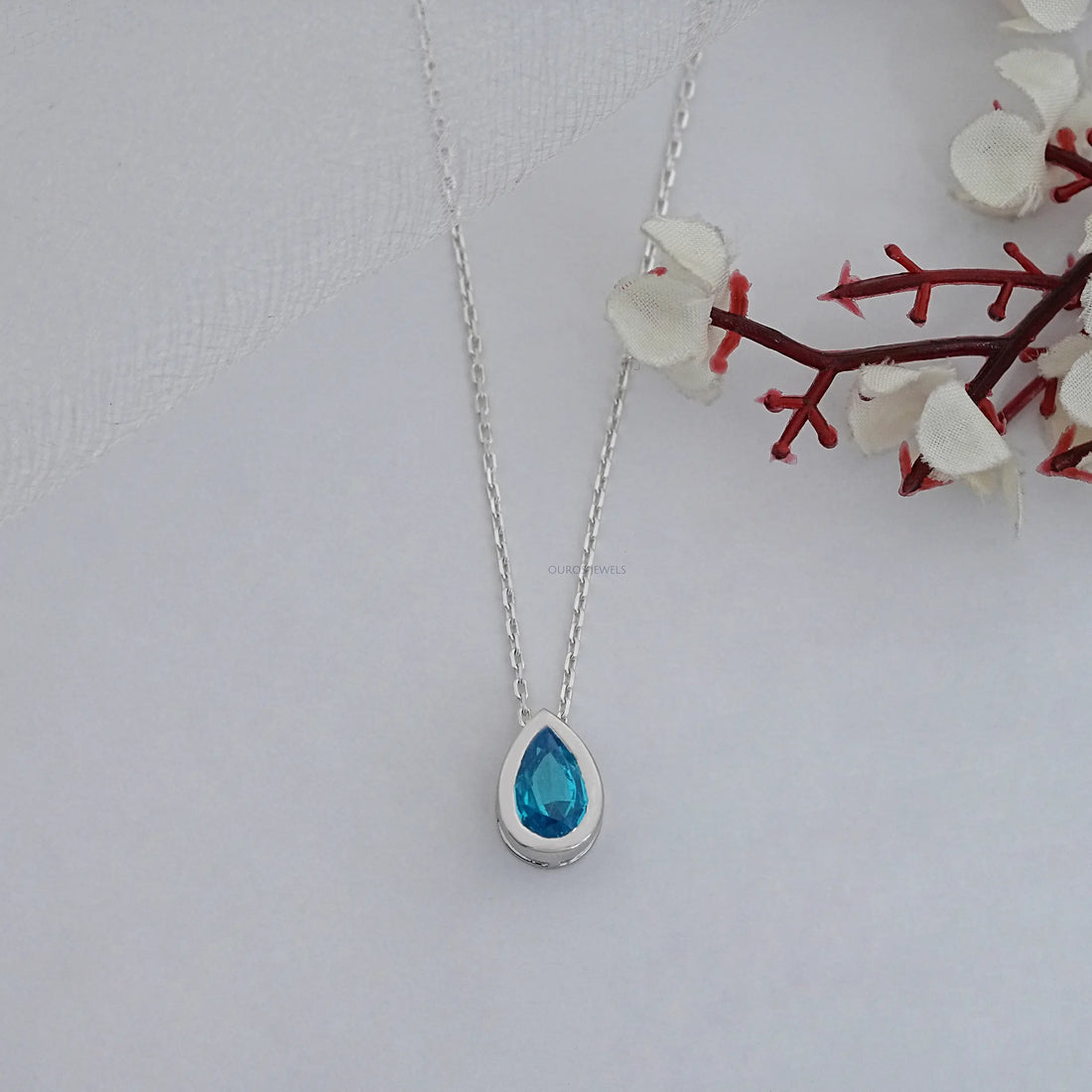Aqua Blue Pear Gemstone Bezel Set Solitaire Pendant Necklaces