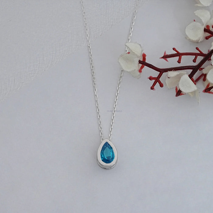 Aqua Blue Pear Gemstone Bezel Set Solitaire Pendant